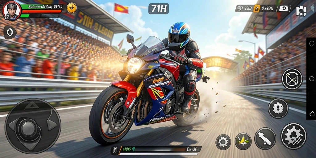 Tampilan gameplay 71H dengan aksi balapan motor yang seru.