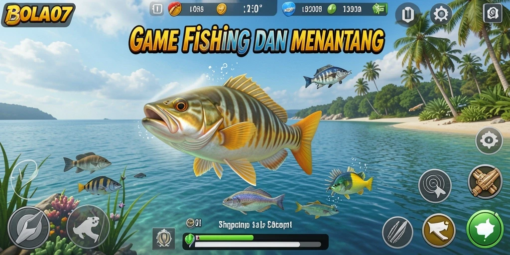Screenshot gameplay BOLA07 yang menunjukkan aktivitas memancing yang seru.