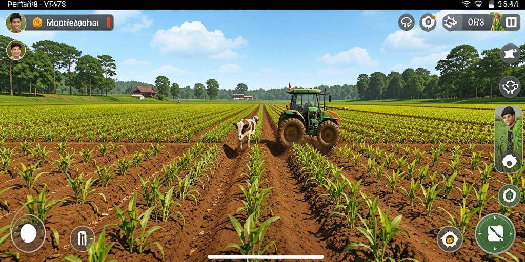 Screenshot ORA78 menunjukkan fitur berkebun yang penuh warna dan hewan ternak yang lucu.